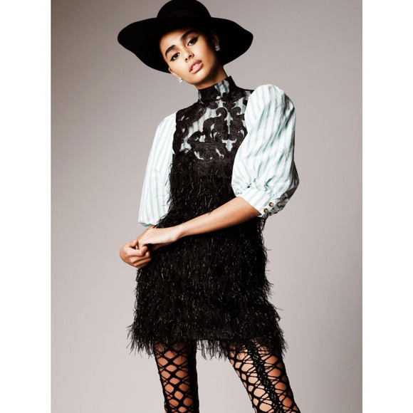 GANNI Black Feather Fringe Lace Puff Sleeve Mini Dress Size 40 - Picture 1 of 7